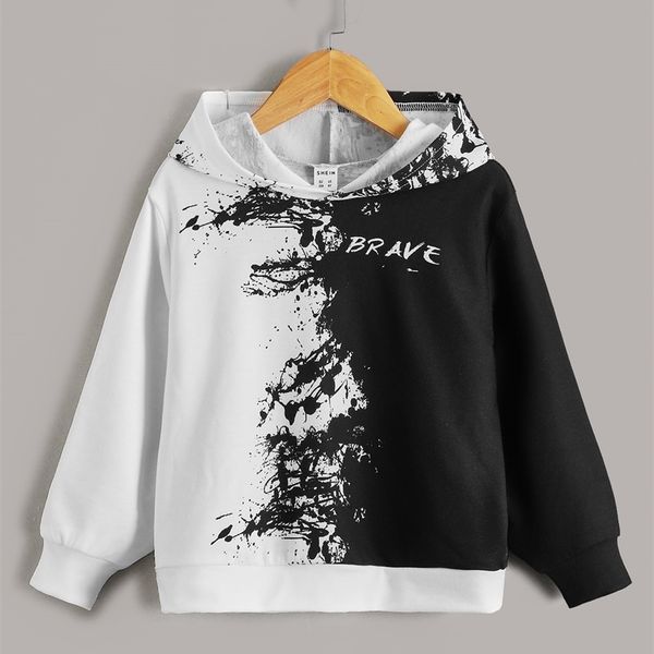 

toddler boys letter and splash ink print hoodie she, Black