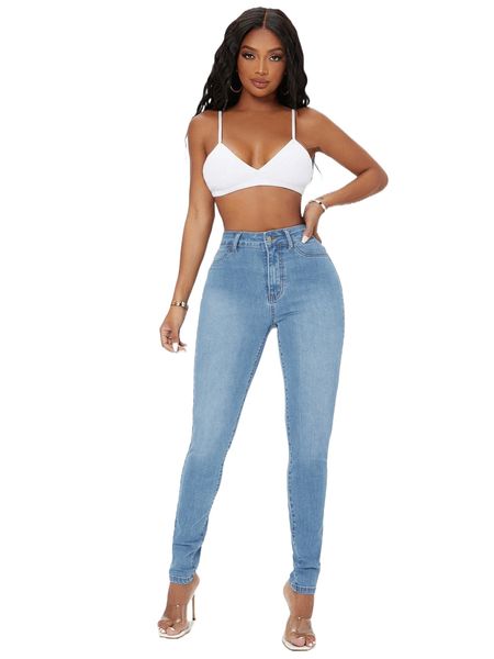 

high waist bleach wash skinny jeans o51m#, Blue