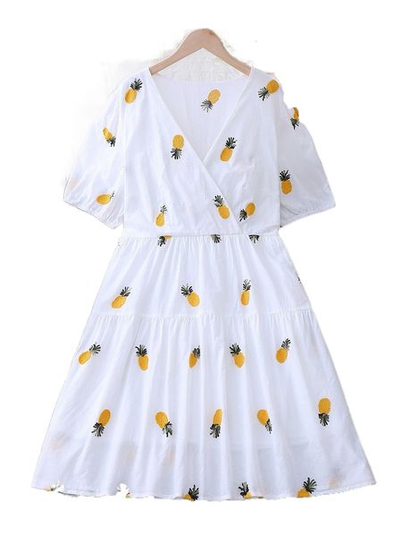 

plus pineapple print surplice neck puff sleeve dress g5mz#, Black