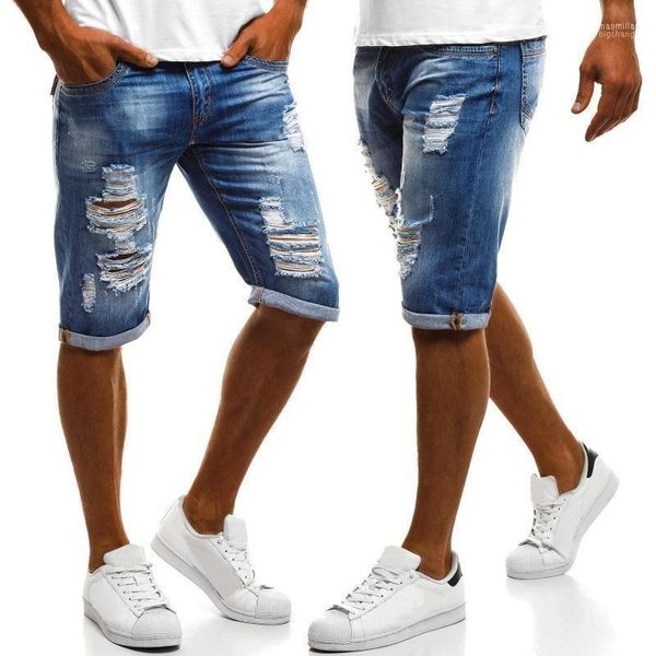 Pantaloncini di jeans dritti con buco distrutto Moda uomo effetto consumato Casual Slim Fit Vintage Strappato Corto Azzurro 3XL Naom22