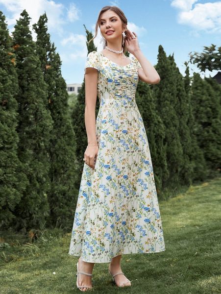 

allover floral print ruched bust a-line dress t0vn#, Black;gray