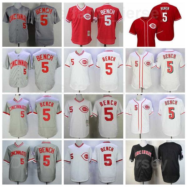 

men retror baseball 5 johnny bench jerseys 1969 1975 1976 1990 vintage pullover all stitched flexbase cool base team red white black grey ca, Blue;black