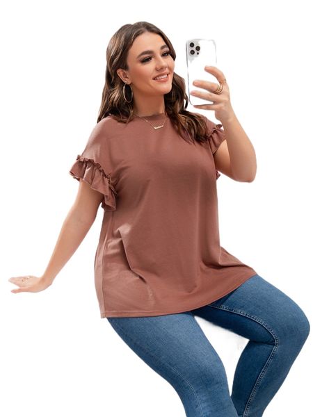 

plus ruffle sleeve solid tee i2ik#, Black