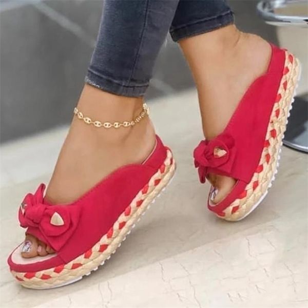 

women slippers casual solid color bowknot platform flat shoes fashion braided straps outdoor walking sandals zapatilla mujer 220622, Black