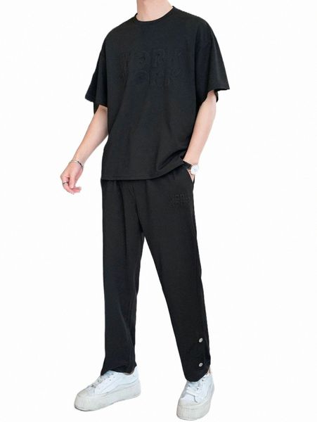 

men letter graphic drop shoulder tee & pants 76n2#, Gray