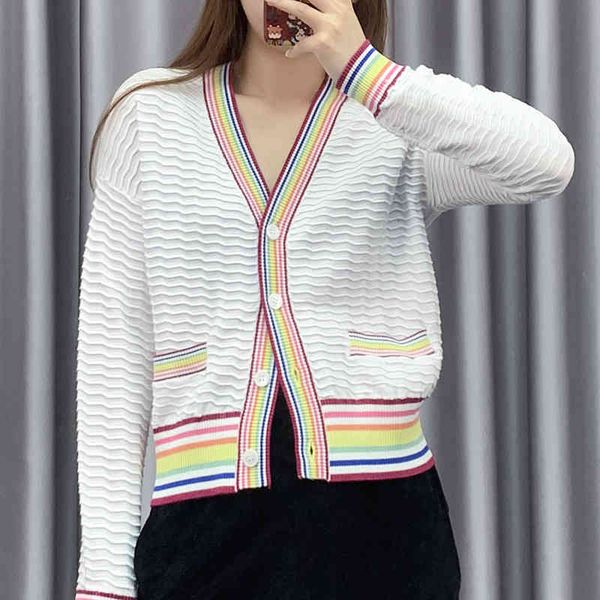 

women's polos early spring white rainbow stripe cardigan women's blouse knitwear wavy contrast color small coat 7as8