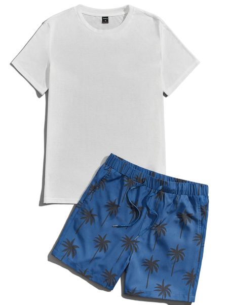 

men solid tee & coconut tree print drawstring waist shorts w70r#, Gray