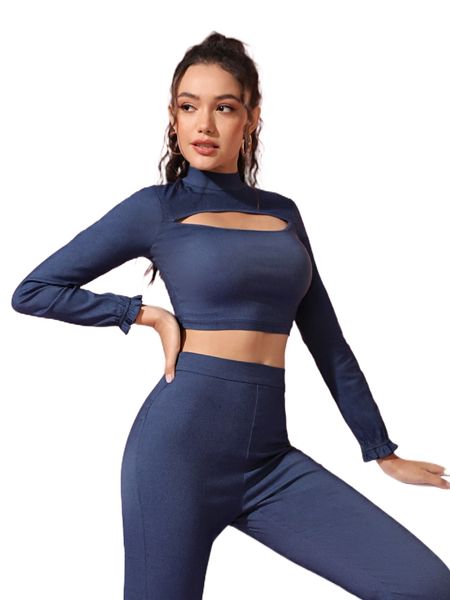 

x huma shah mock neck cut out flounce sleeve crop tee & leggings 32m6#, White
