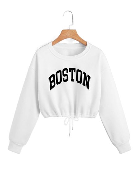 

letter graphic drawstring hem drop shoulder thermal crop pullover d41s#, Black