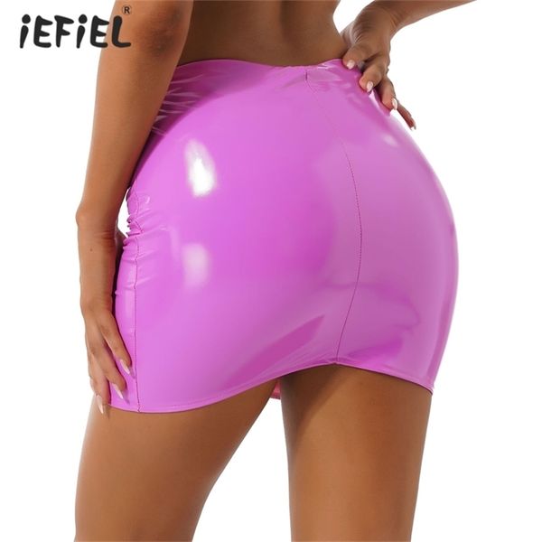 

womens latex patent leather miniskirt solid color elastic waistband glossy pencil skirt night club party music festival costume 220701, Black