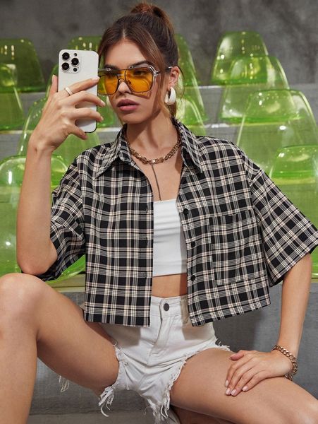 

plaid button front drop shoulder blouse t3ji#, White