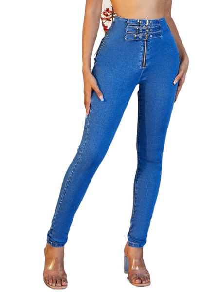 

high waist grommet buckled front skinny jeans o0ss#, Blue