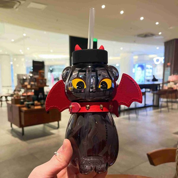 

starbucks halloween black cat straw cup creative heat resistant black glass with lid little devil water cup