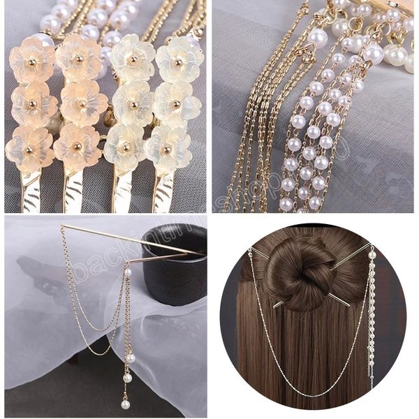 

wedding double chain hairpins pearl tassel hair stick hairpin chinese style retro hair accessories for hanfu tiaras ornaments, Slivery;white