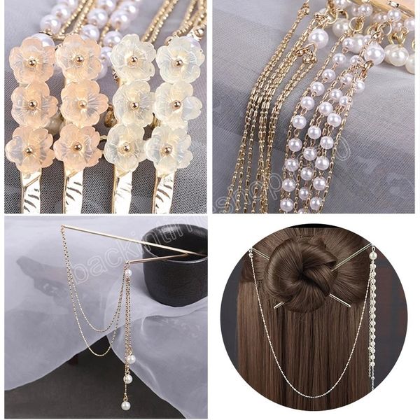 Forcine per capelli a doppia catena da sposa Accessori per capelli retrò con nappe di perle Accessori per capelli retrò in stile cinese per ornamenti di diademi di Hanfu