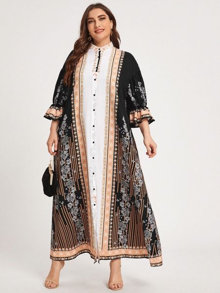 

plus floral mock neck button front flounce sleeve dress 03xq#, Black