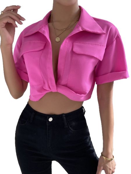 

twist flap pocket drop shoulder crop blouse z3hr#, White