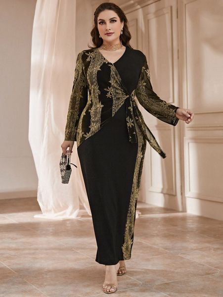 

plus floral embroidery tie side split hem dress r8mm#, Black