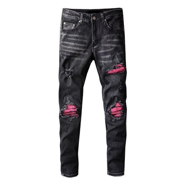 

men's jeans street tide high youth pink spell genuine leather broken patch large size microelastic black men, Blue