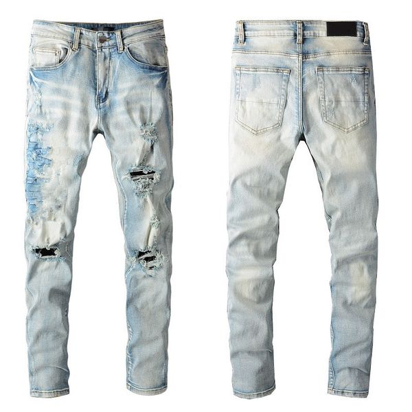 Uomo Skinny Fits Jeans Denim Ginocchio strappato con foro Slim per ragazzi Mens Biker Moto Gamba dritta Vintage Distress Danneggiato Pantaloni elasticizzati Cerniera lunga Alta qualità Azzurro