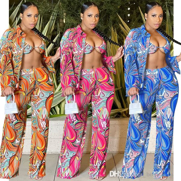 

women wide leg pants suit mesh perspective printing long sleeve three piece outfits for 2022 summer, White
