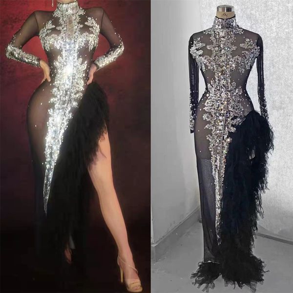 

fashion tassel ruffled runway dresses black prom model catwalk dress women sheer mesh design stage costume nightclub shiny club bar clothes