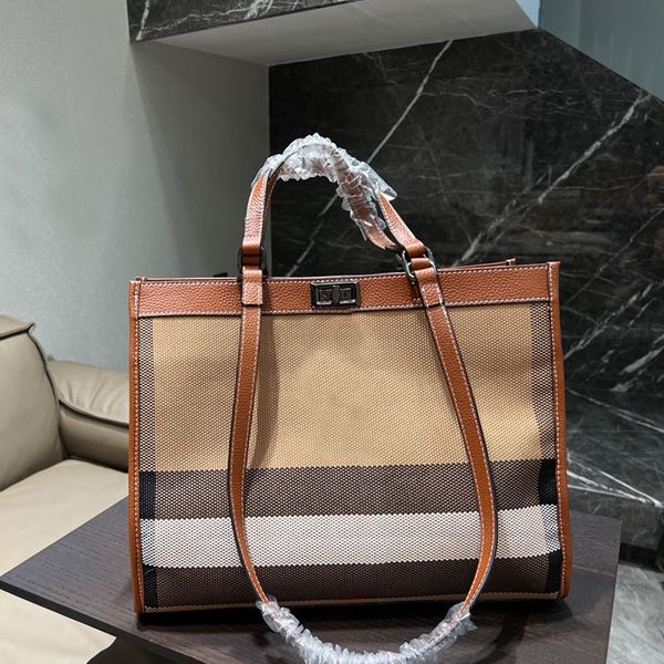 

classic plaid shopp bags canvas tote bag women shoulder handbag large capacity beach totes bags check genuine leather twist lock fashion boo