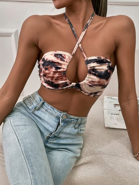

tie dye ruched cut-out knotted backless crop o6zt#, White