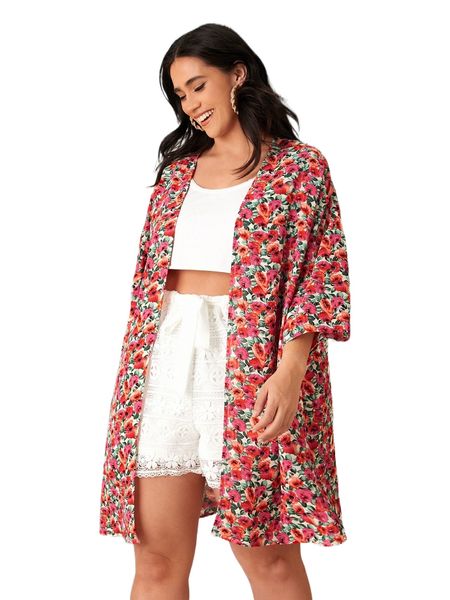 

plus allover floral print split hem kimono j9ow#, Black;gray