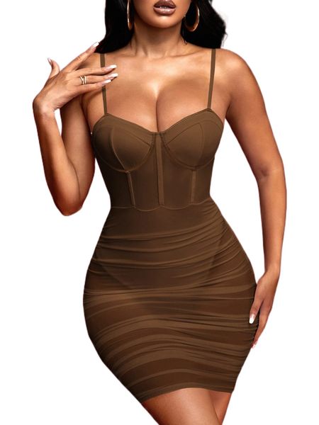 

sxy contrast mesh ruched side bustier cami bodycon dress w8rx#, Black;gray