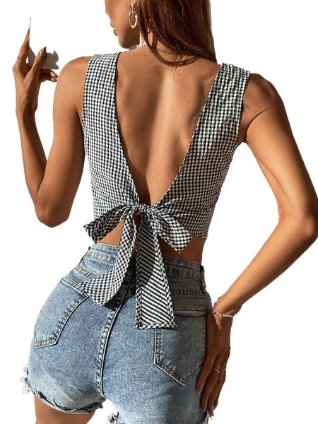 

gingham print tie backless blouse a5fp#, White