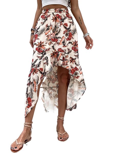 

floral print high low ruffle hem skirt p3rq#, Black