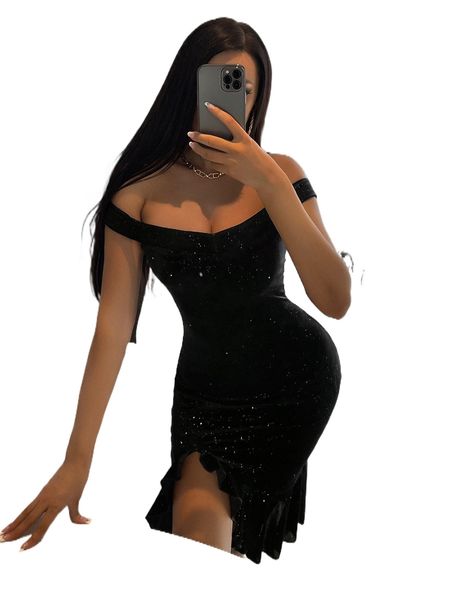 

sxy splash ink off shoulder asymmetrical ruffle hem velvet dress u30x#, Black;gray