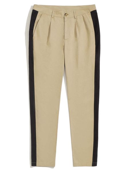 

men contrast side seam plicated detail tapered pants r2i6#, Black