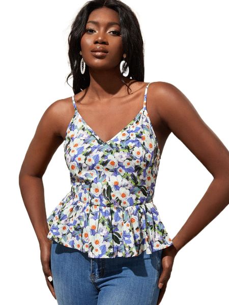 

floral print tie back peplum cami e0tw#, White
