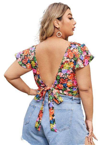 

plus allover floral print tied backless m8p0#, Black