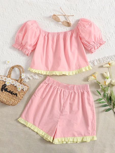 

teen girls puff sleeves colorblock frill trim & shorts she, White