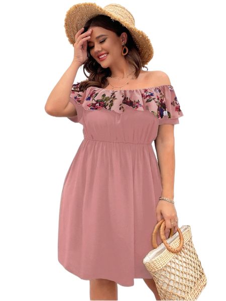 

plus floral ruffle off the shoulder a-line dress t9ic#, Black