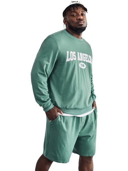

extended sizes men letter graphic pullover & track shorts set g3i7#, Gray