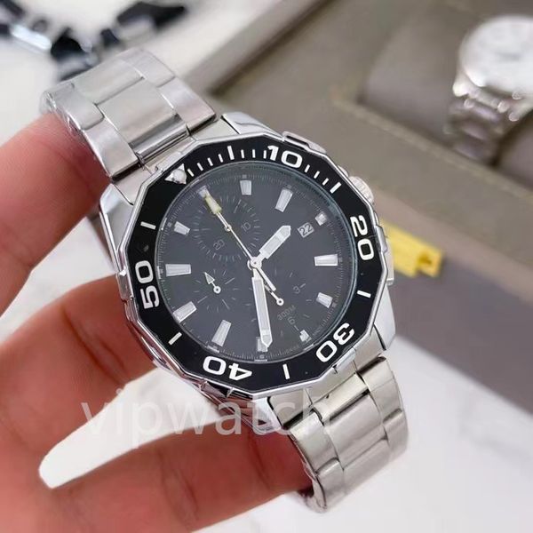 

luxury men's watch multi-function running second chronograph quartz movement 316 stainless steel case two tone luminous 300 meters, Silver