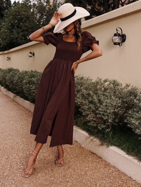 

puff sleeve shirred square neck slit thigh dress n7am#, Black;gray