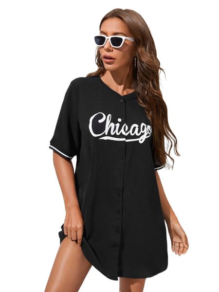 

letter graphic varsity striped button through dress x9ao#, Black;gray