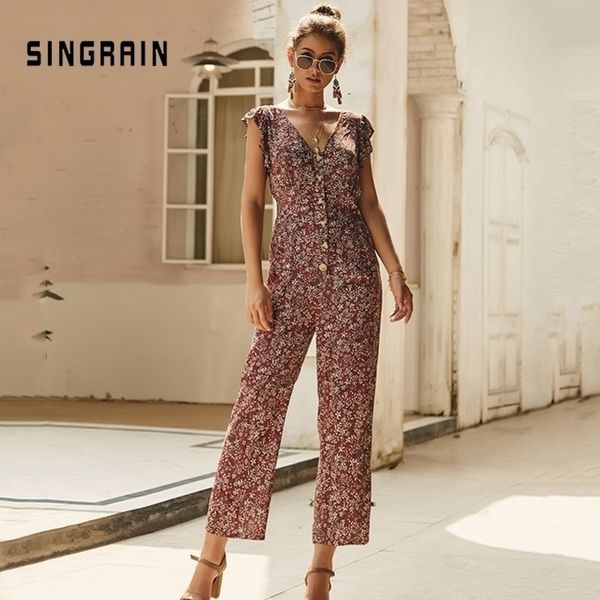 

singrain chiffon floral jumpsuit long pants v neck wide leg pants rompers loose holiday bohemian summer print overalls y200425, Black;white