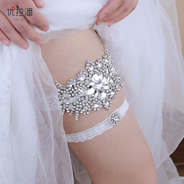 Acessórios de liga de noiva feitos à mão com diamante, perna sexy, borda de renda branca, estilo princesa, anéis de coxa, anel feminino, acessório de casamento 218j