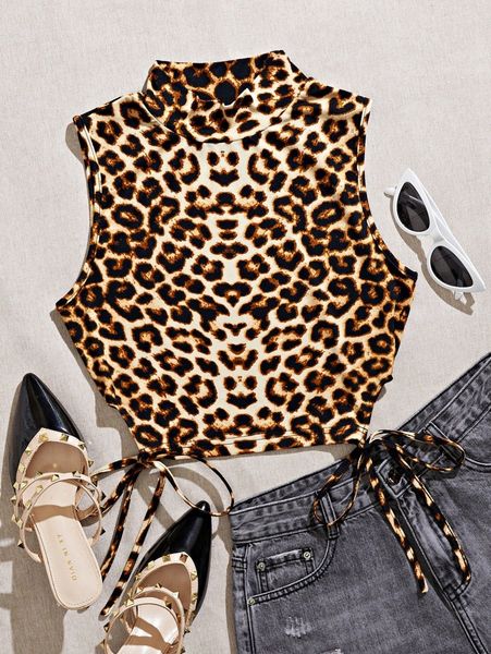 

leopard print tie side mock neck tank 63yo#, White