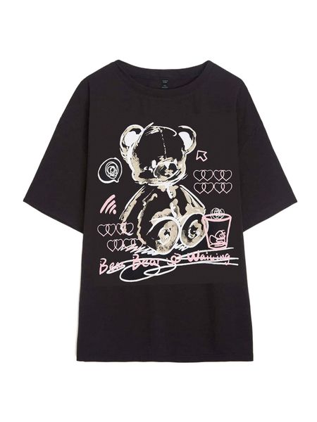 

plus bear & heart print tee k7t5#, Black