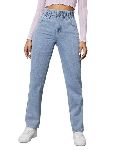 

paper bag waist straight leg jeans 67ku#, Blue