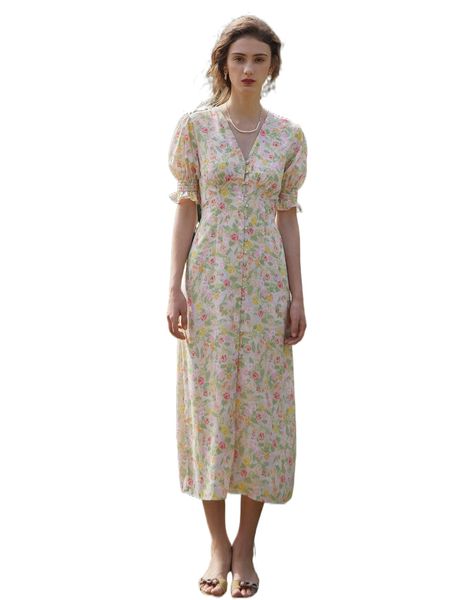 

simple retro allover floral print puff sleeve dress z9gc#, Black;gray