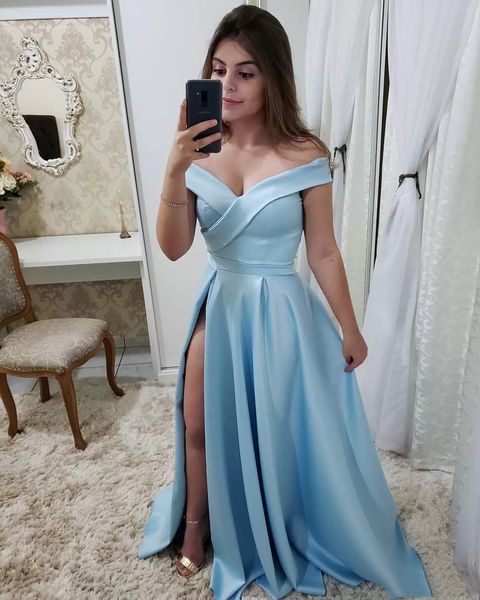 Elegante Baby Blue Cetin A linha Prom Vestidos Sexy Split Side off The Ombro Formal Festy Dalds Simple Long Night Dress for Women Girls Made Fild Color Tamanho