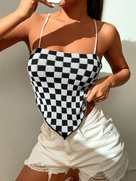 

checkered print hanky hem cami 98nc#, White;black